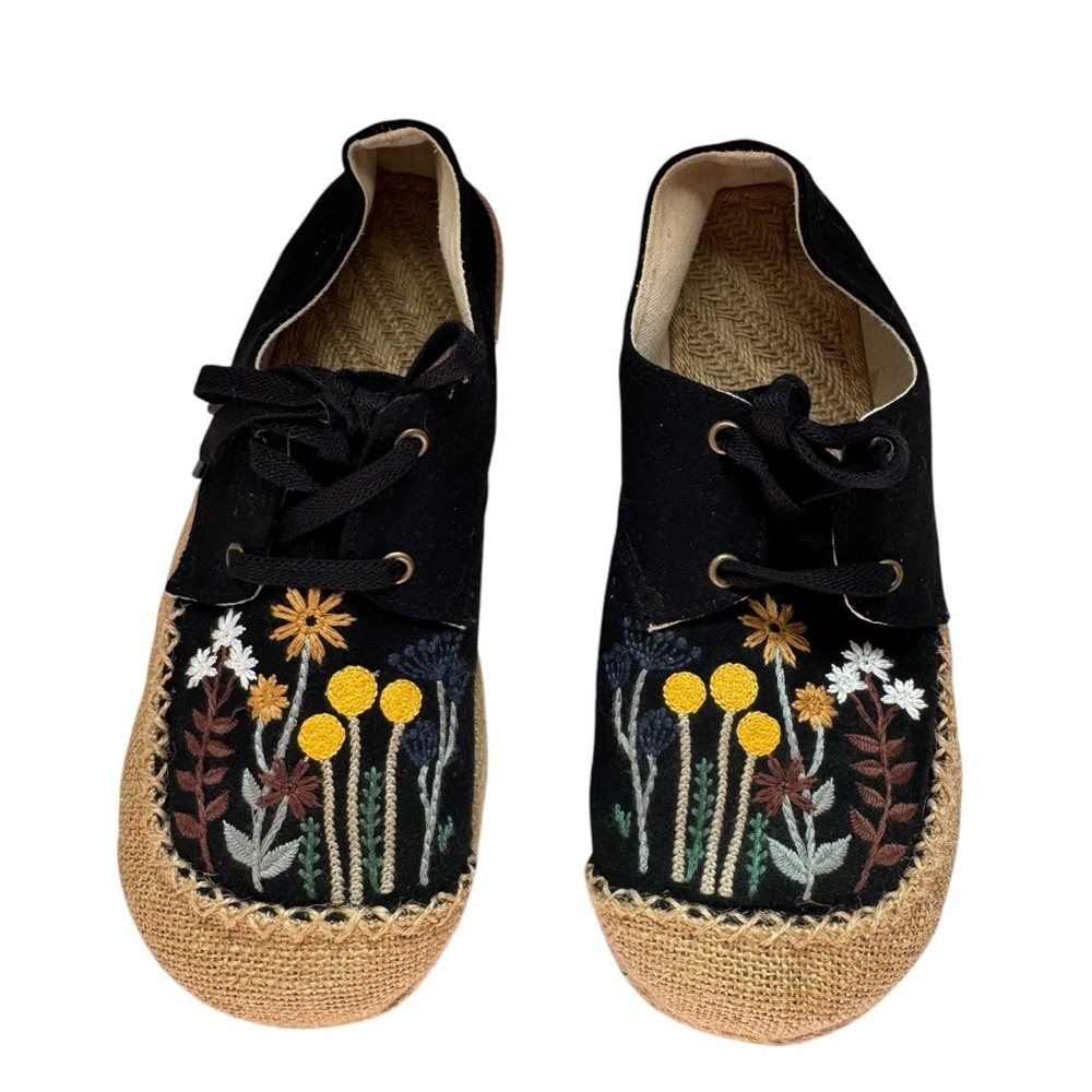 CACTUS ROSE | GARDEN EMBROIDERED LINEN BOAT SHOES ESPADRILLES - BLACK size 40